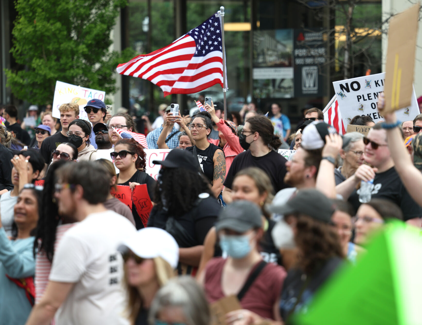 American flag waves at No Kings rally.JPG